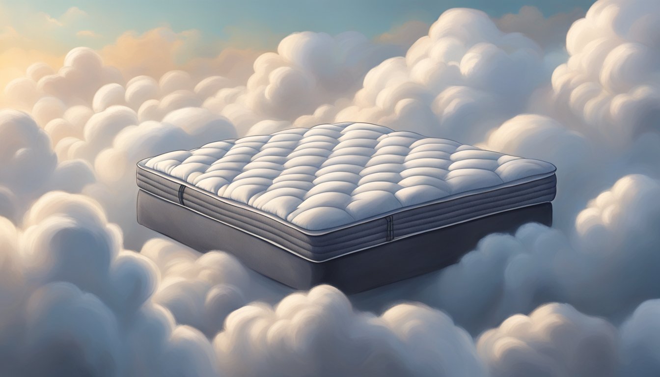 A plush mattress envelops a figure, sinking into luxurious layers of softness, surrounded by a cloud-like embrace
