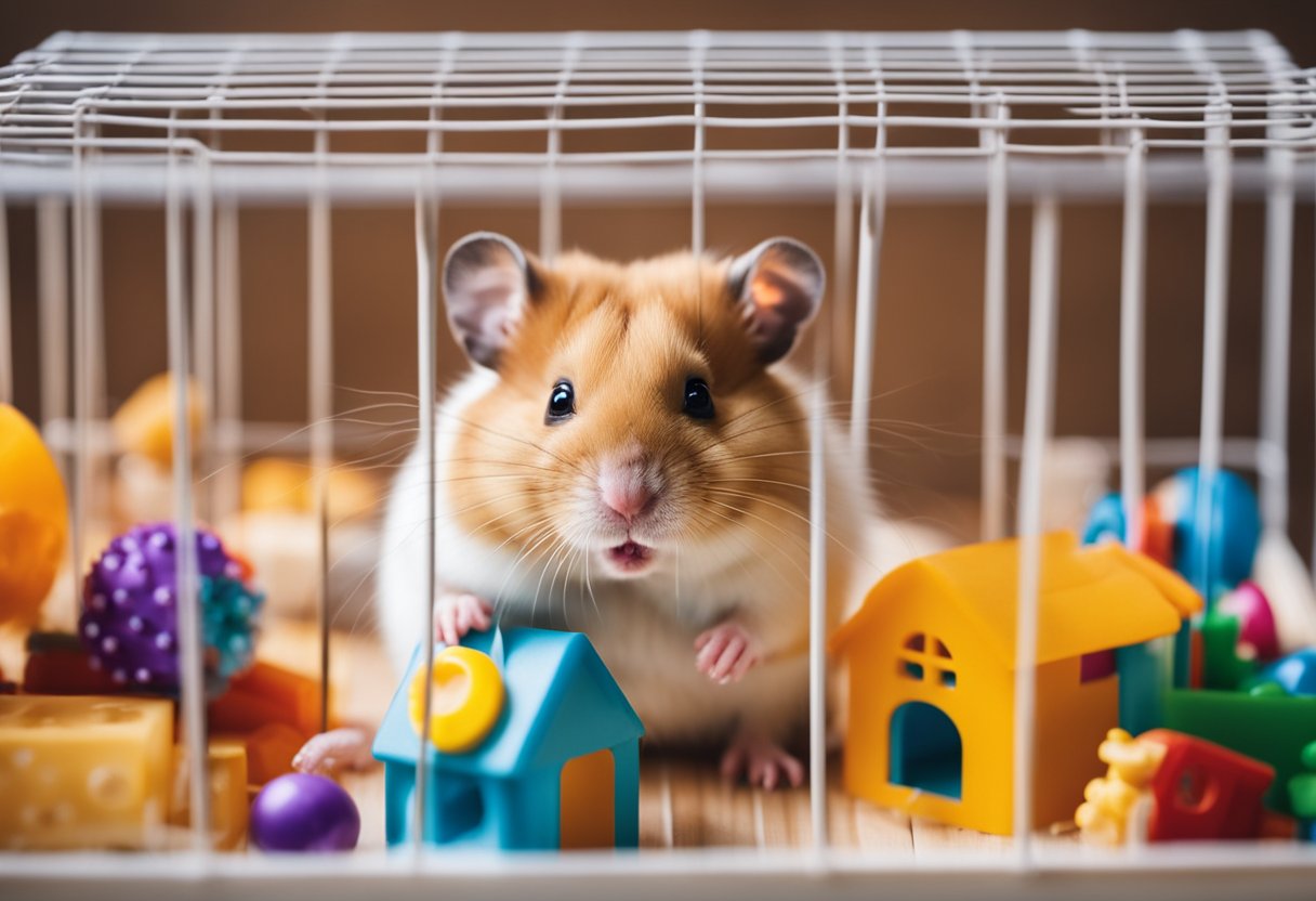 A hamster sitting in a cozy cage, surrounded by toys and treats, with a warm and inviting expression on its face