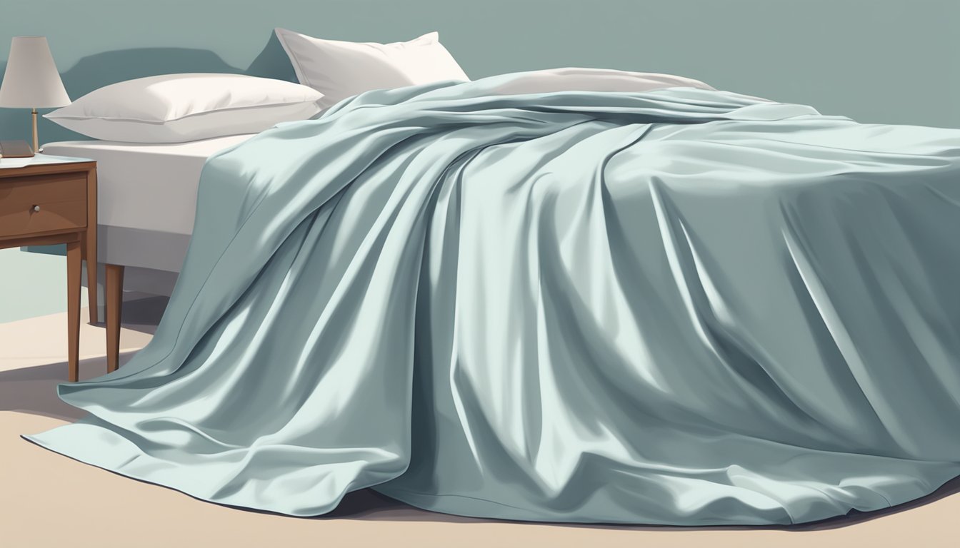 A flat sheet neatly folded next to a fitted sheet on a neatly made bed, with a pillow and blanket nearby