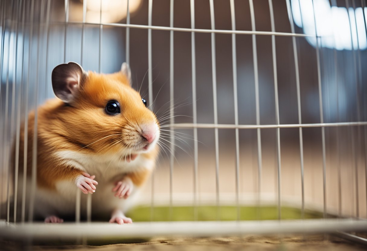 A hamster sits in its cage, watching its owner with curious eyes. The owner smiles and speaks softly, trying to convey love and affection