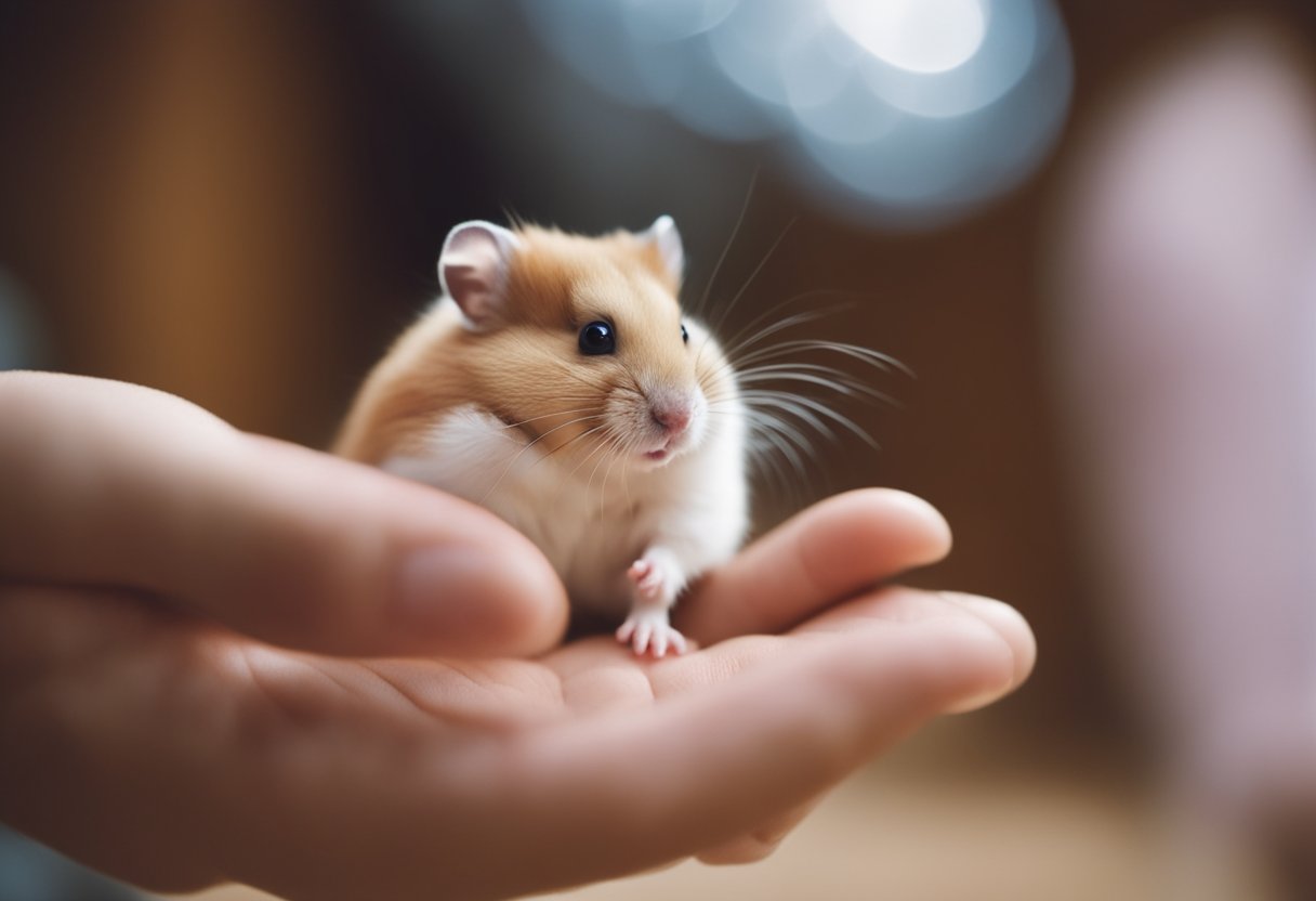 A person gently strokes a hamster's fur, speaking softly to them, while the hamster nuzzles their hand in return