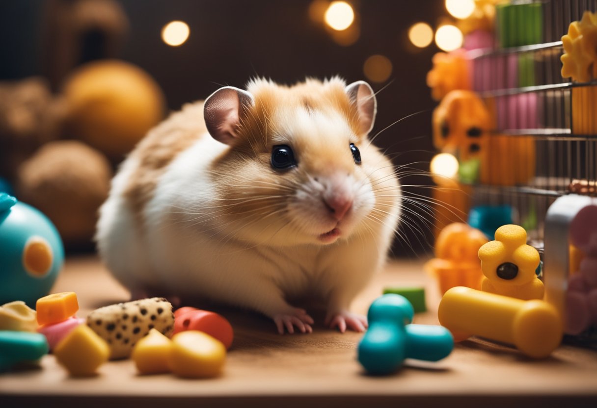 A hamster sits in a cozy cage surrounded by toys and treats. A person's hand reaches in to pet the hamster, who looks up with bright, curious eyes
