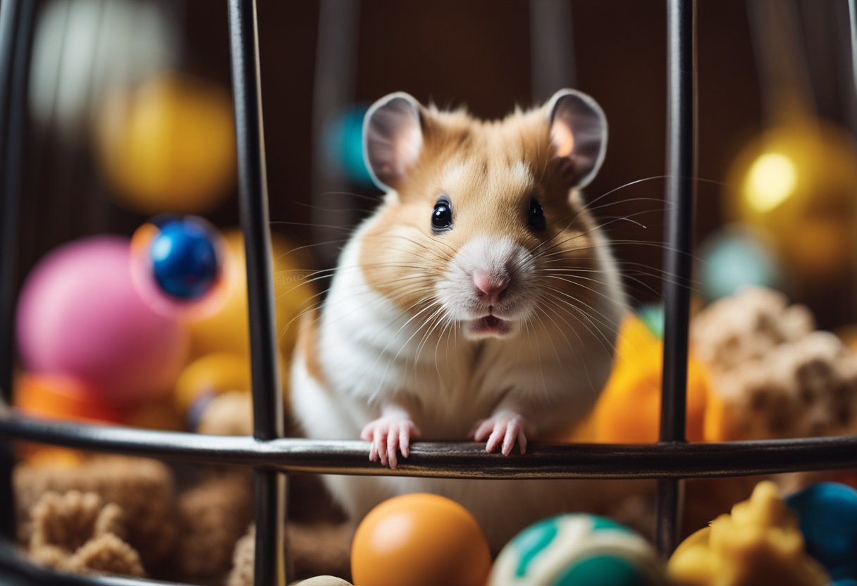 A curious hamster gazes out from its cozy cage, surrounded by toys and treats, pondering the question of whether it is truly loved