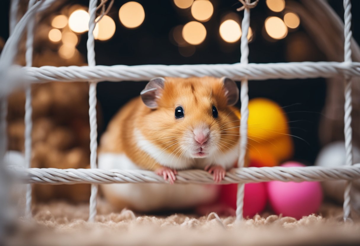 A hamster sits in a cozy cage, surrounded by toys and bedding. Its bright eyes and twitching nose show curiosity and contentment