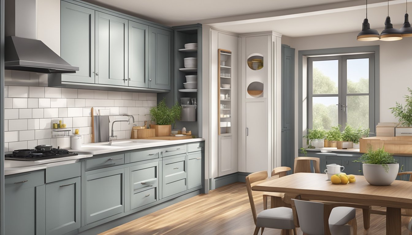 The small kitchen cabinets are neatly arranged along the wall, with a few open to reveal stacked dishes and utensils