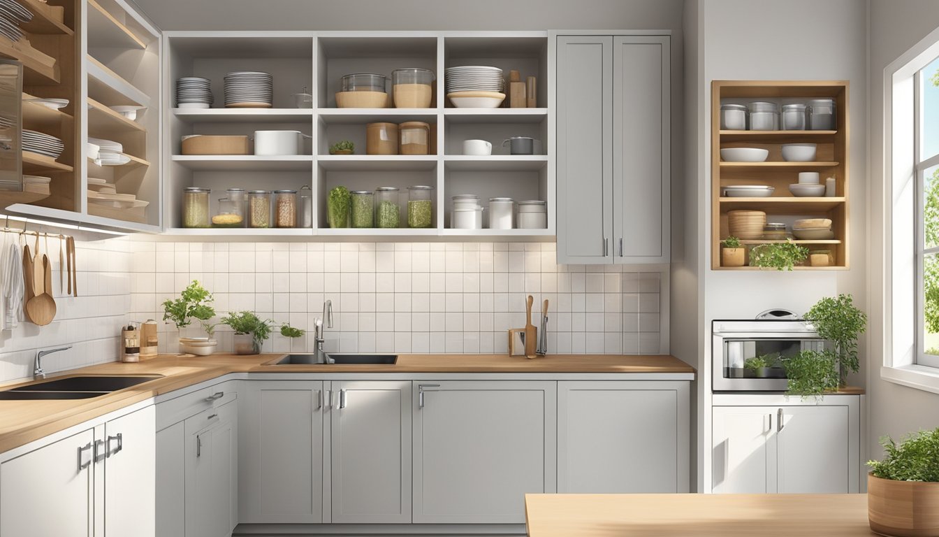 The small kitchen cabinets are neatly organized with labeled compartments, showcasing various frequently used items. The cabinets are positioned against a clean, white tiled wall, with natural light streaming in from a nearby window