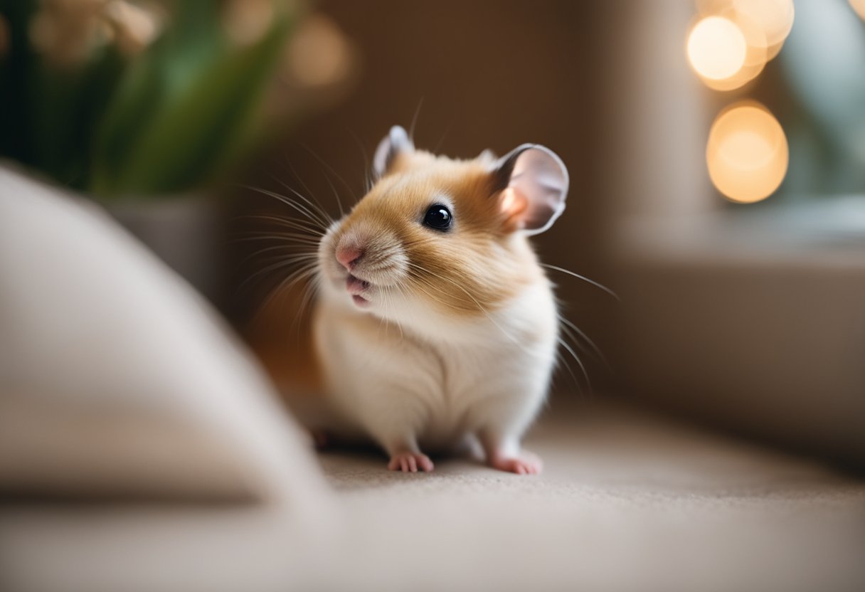 A hamster sits in a cozy, quiet corner, surrounded by soft bedding and dim lighting. It sniffs the air and listens intently, enjoying the peaceful atmosphere
