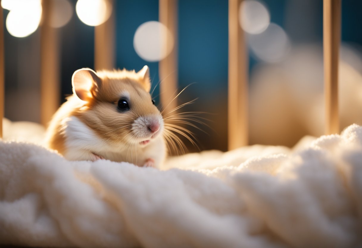 A hamster sits in a cozy, peaceful corner of its cage, surrounded by soft bedding and a gentle, quiet atmosphere