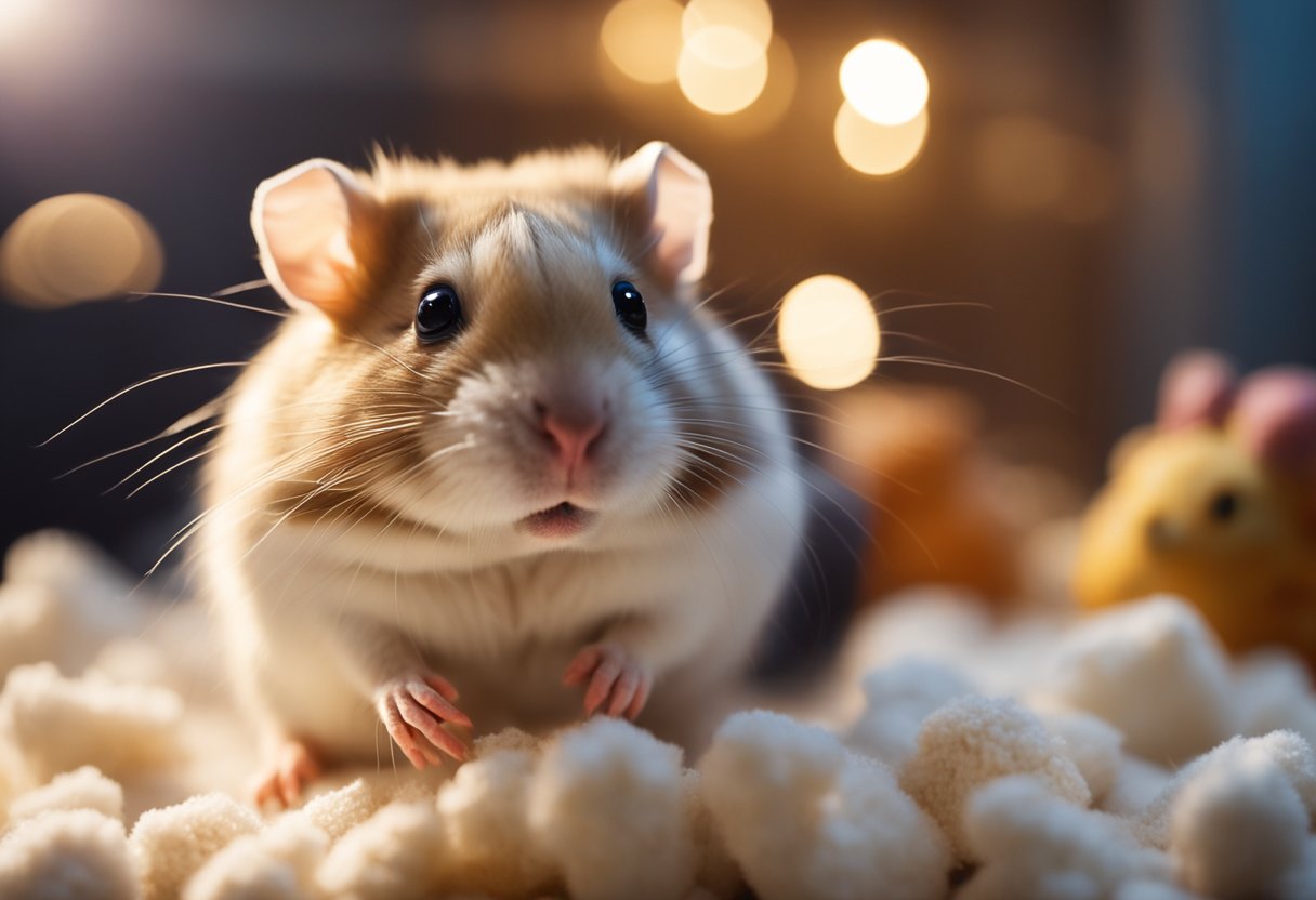 A hamster sits in a cozy, quiet corner of its cage, surrounded by soft bedding and toys. It nibbles on a treat, its small nose twitching with contentment