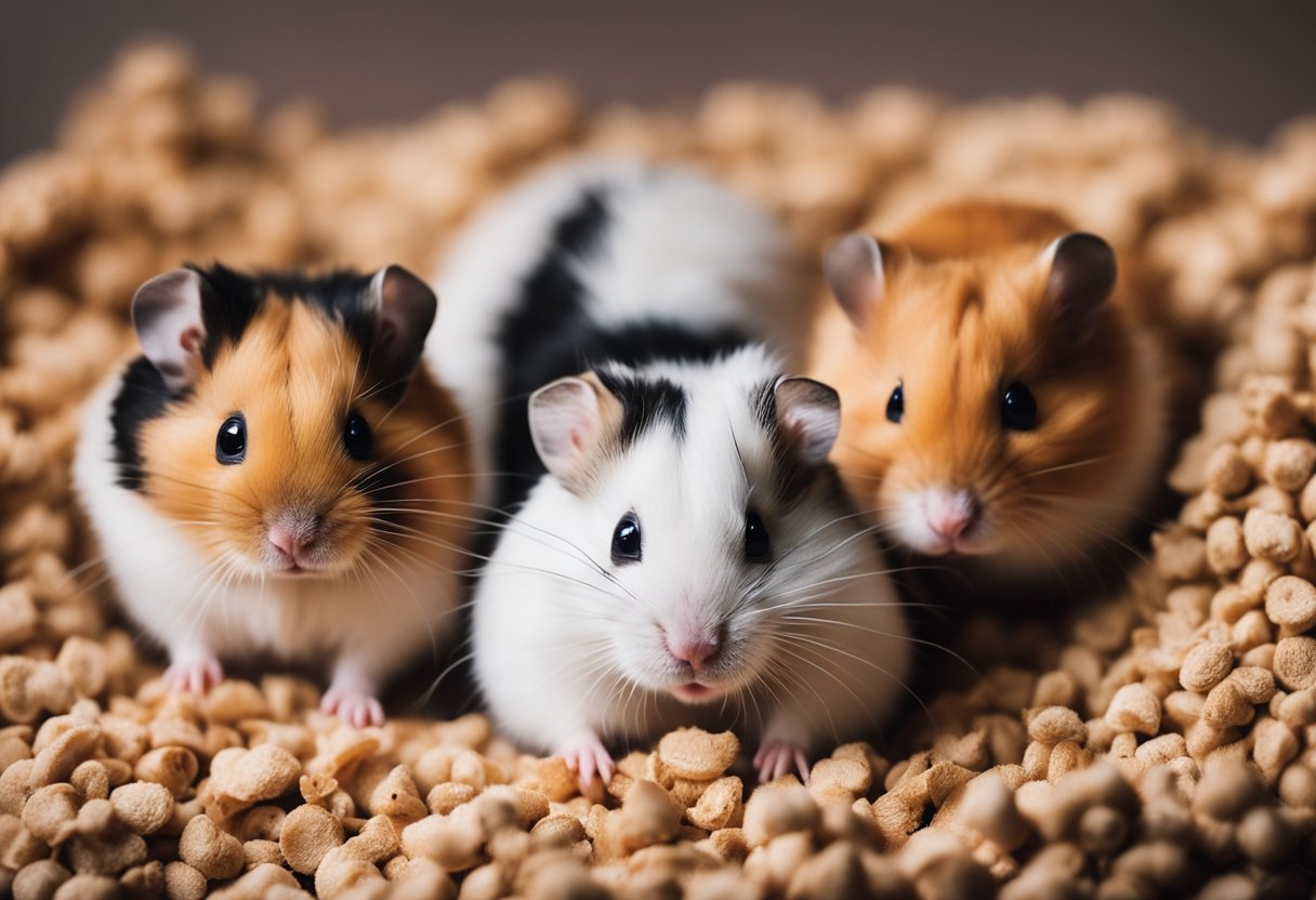 Hamsters surrounded by dirty bedding, empty food bowl, and noisy surroundings
