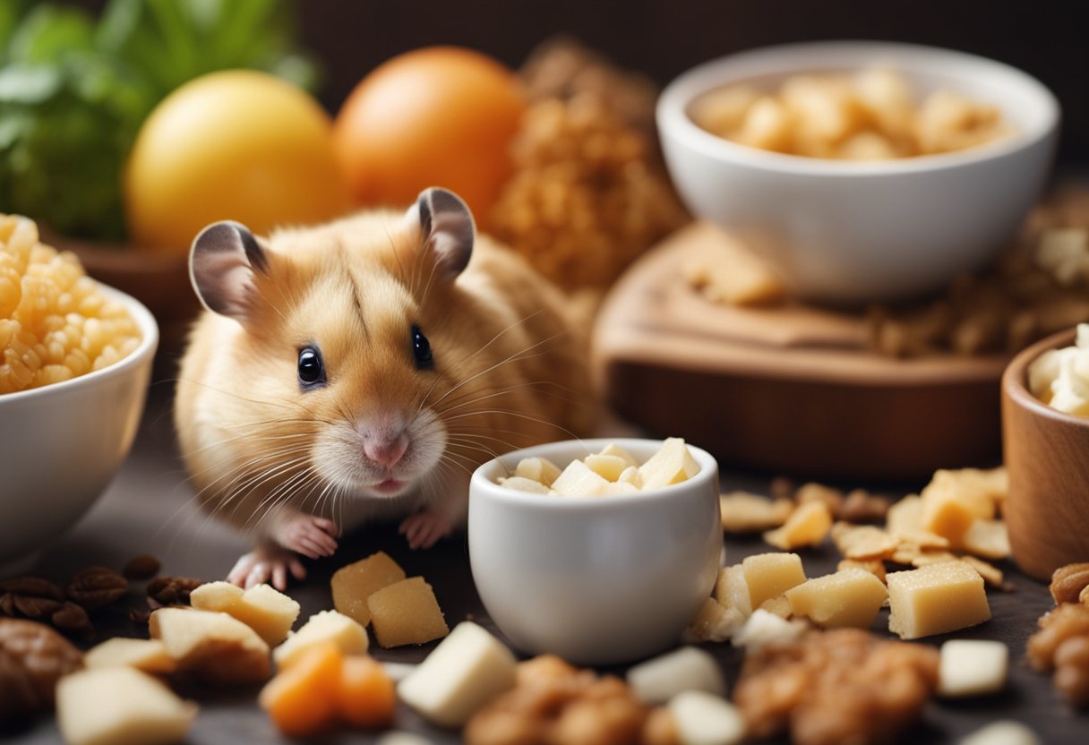A hamster surrounded by foods it dislikes, with a grumpy expression and turning away from the items