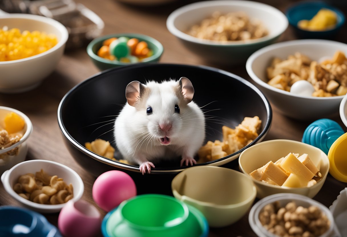 A hamster surrounded by empty food bowls and chewed-up toys, looking frustrated and agitated
