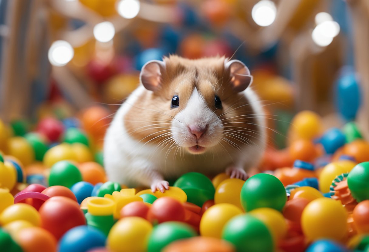 A hamster explores a maze of tunnels and wheels, surrounded by colorful toys and chewable obstacles