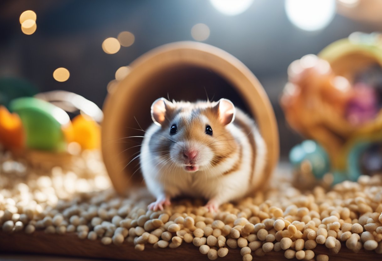 A curious hamster explores its cage, sniffing and nibbling on toys and tunnels, its bright eyes darting around with interest