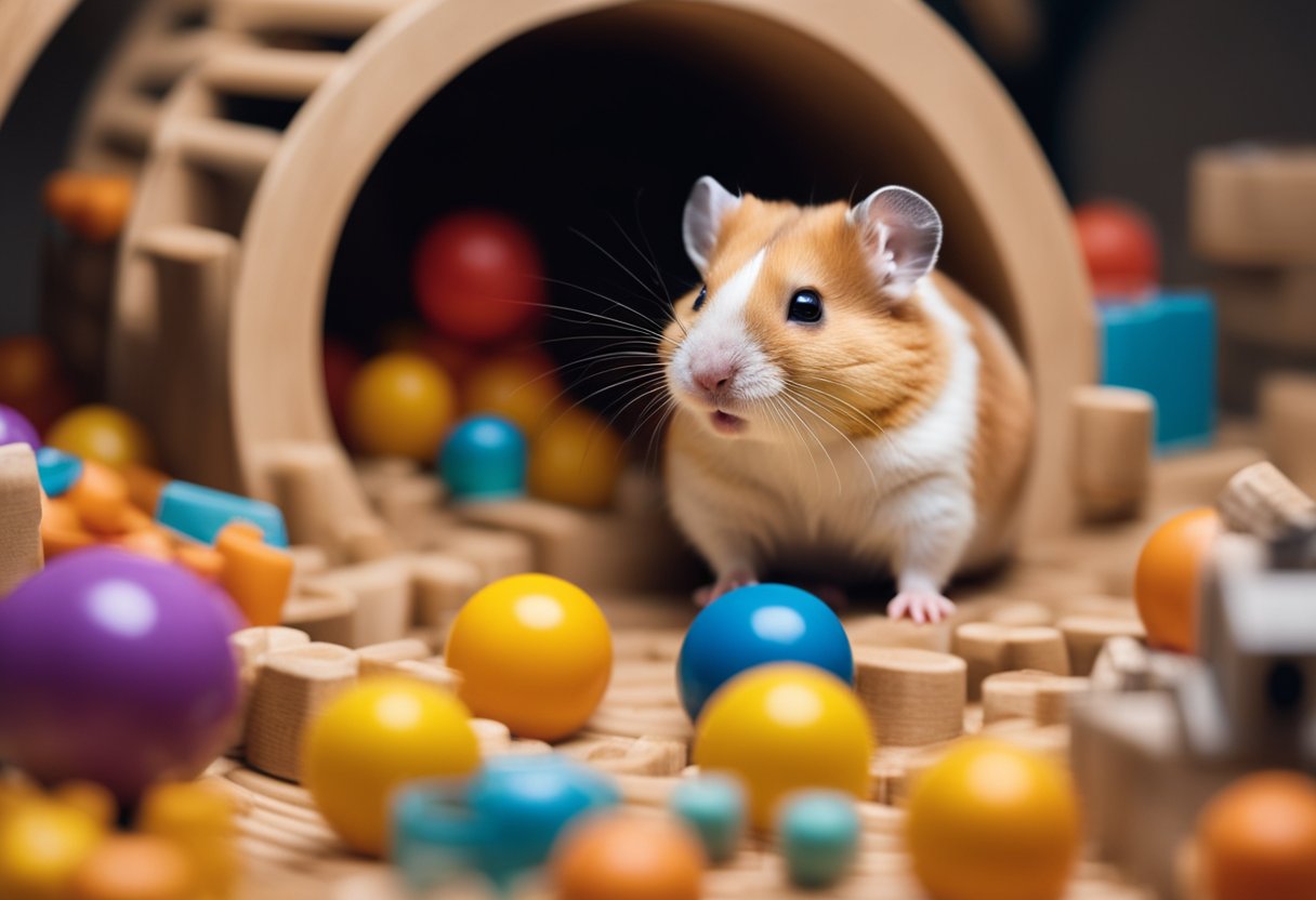 A hamster explores a maze of tunnels and toys, finding treats and obstacles to keep it entertained