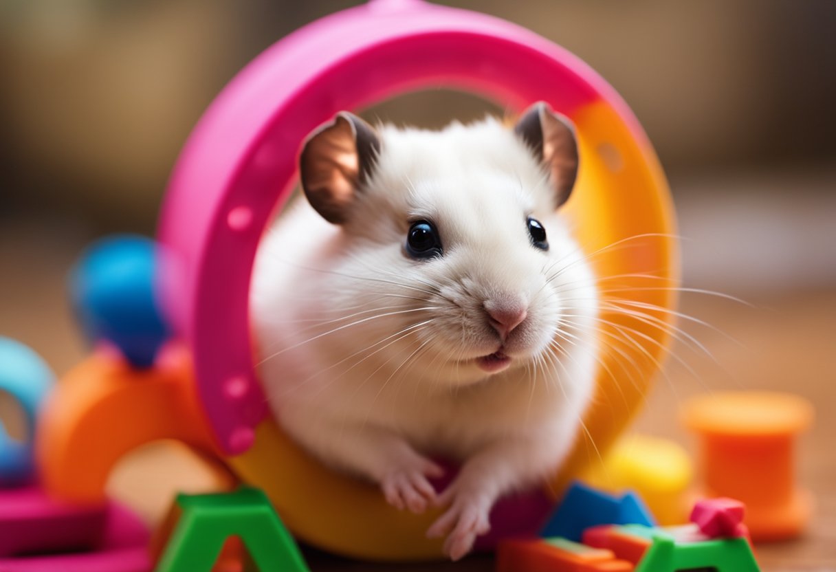A hamster in a colorful, stimulating environment with toys, tunnels, and a wheel for exercise