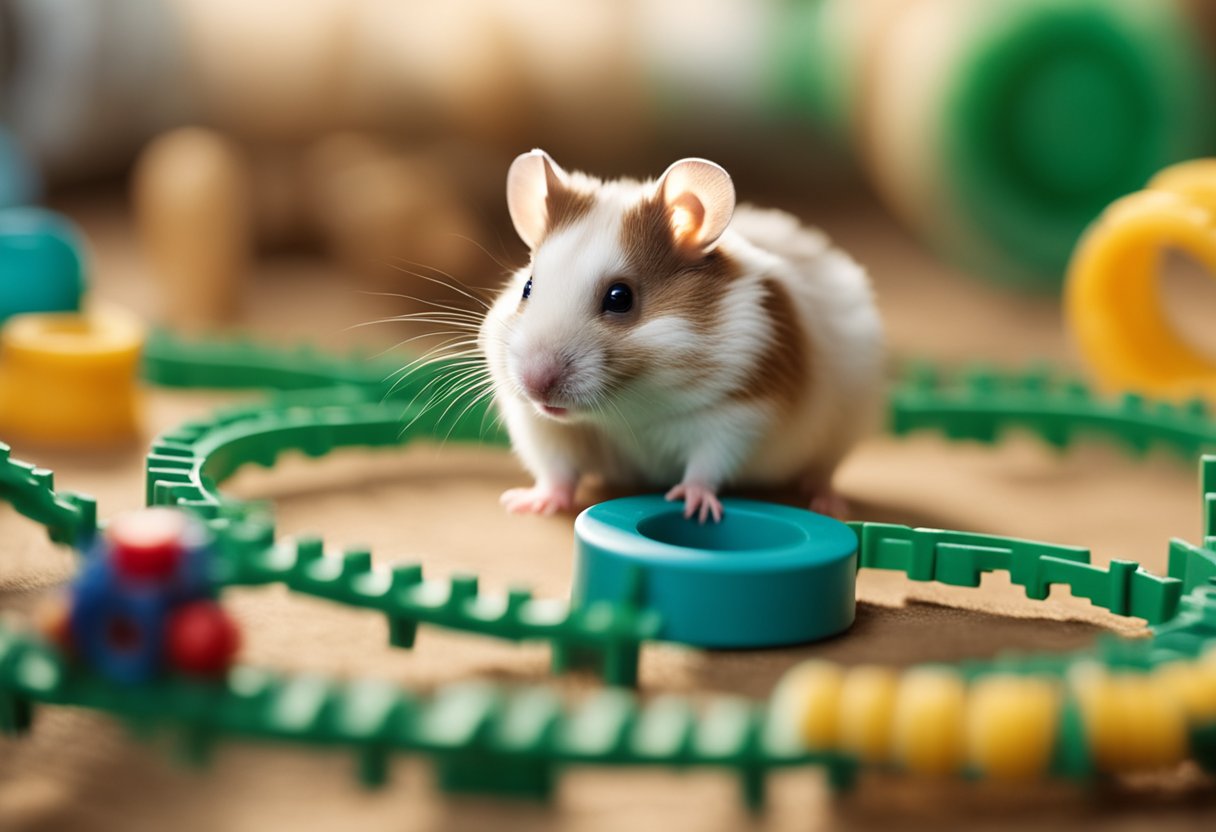 A hamster exploring a maze of tunnels and toys, with a wheel for exercise and various objects for stimulation