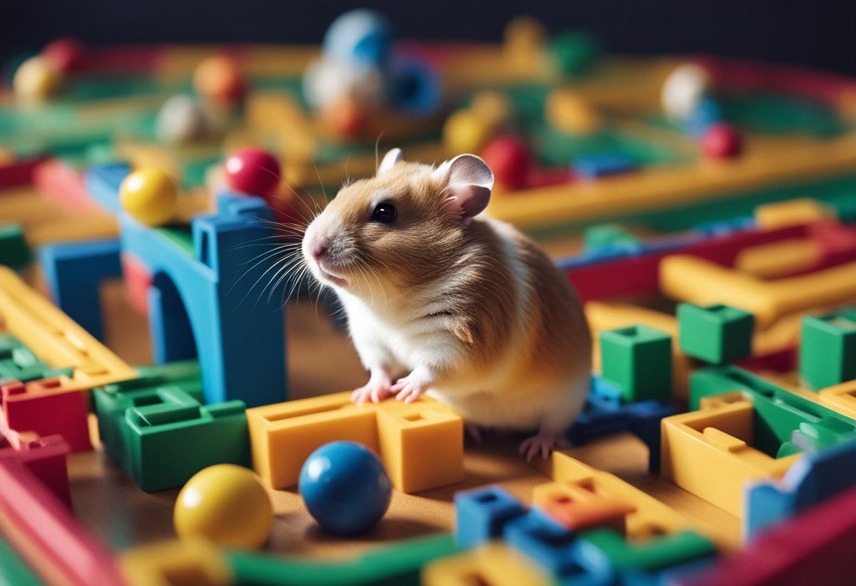 A hamster exploring a colorful maze with various toys and tunnels to keep it entertained and engaged, showing curiosity and excitement