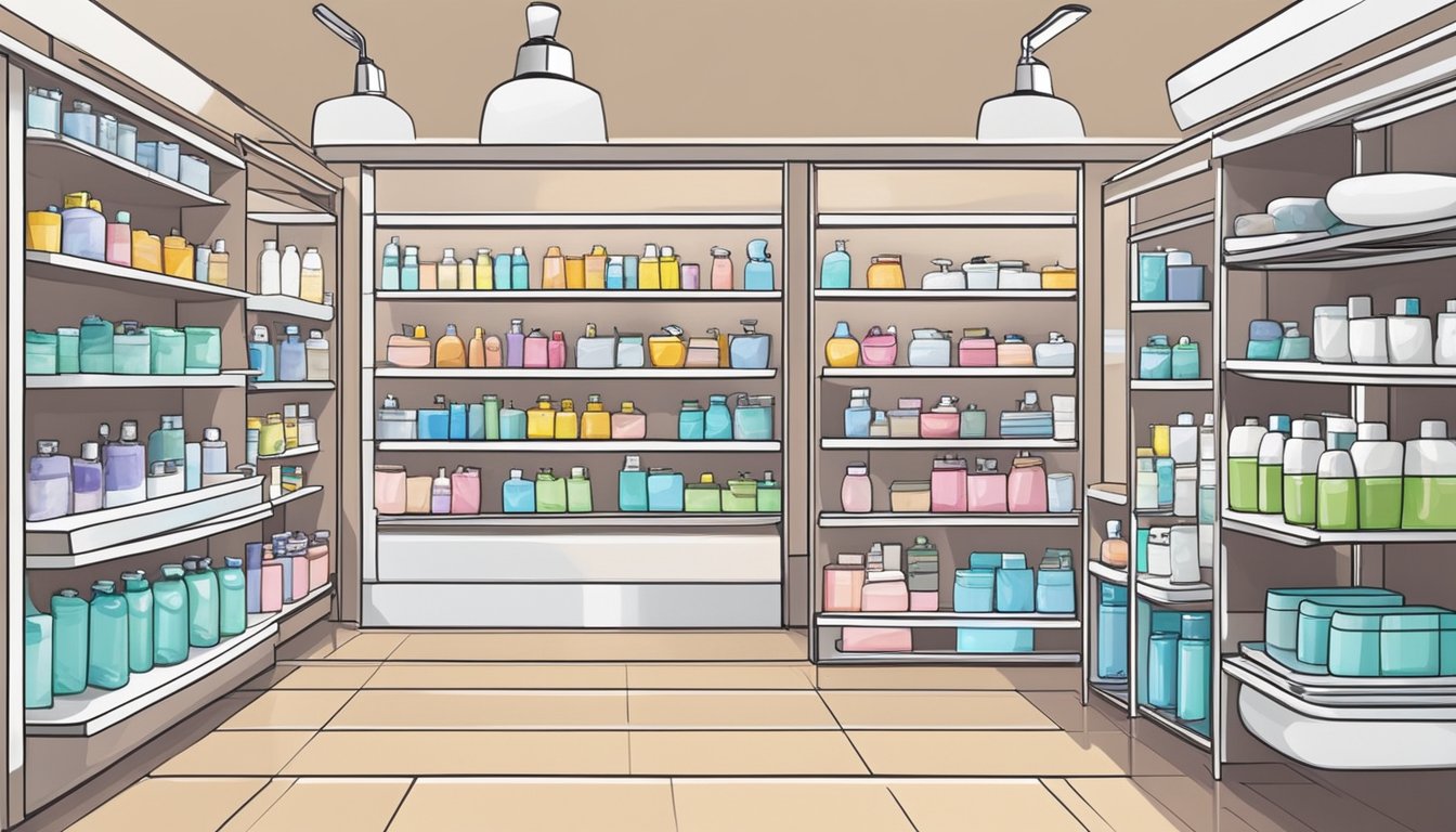 A variety of affordable bathroom accessories are displayed on shelves in a brightly lit store in Singapore. Products include soap dispensers, toothbrush holders, and shower caddies in various colors and styles