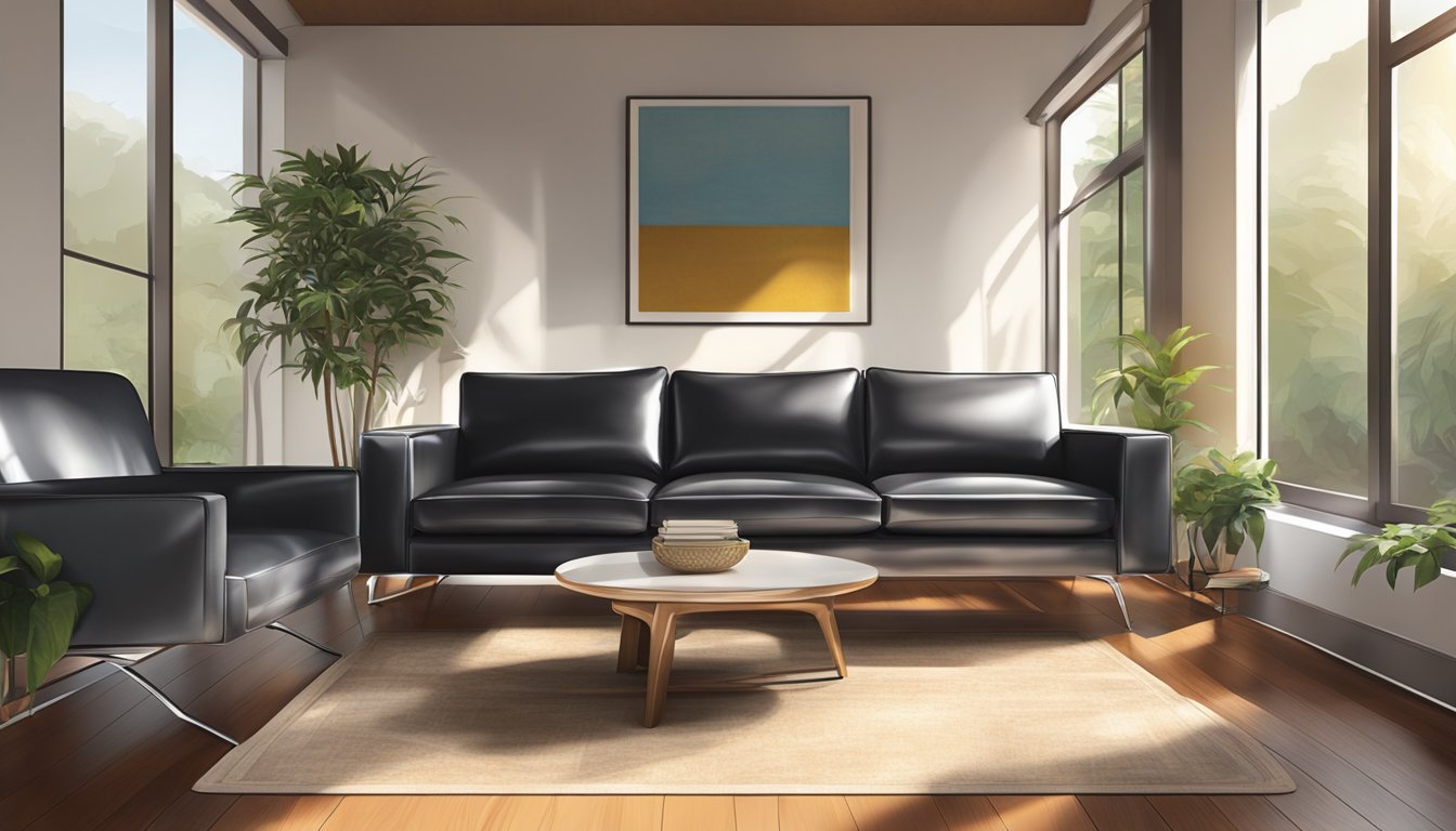 A sleek aniline leather sofa sits in a sunlit room, casting a soft shadow on the polished hardwood floor