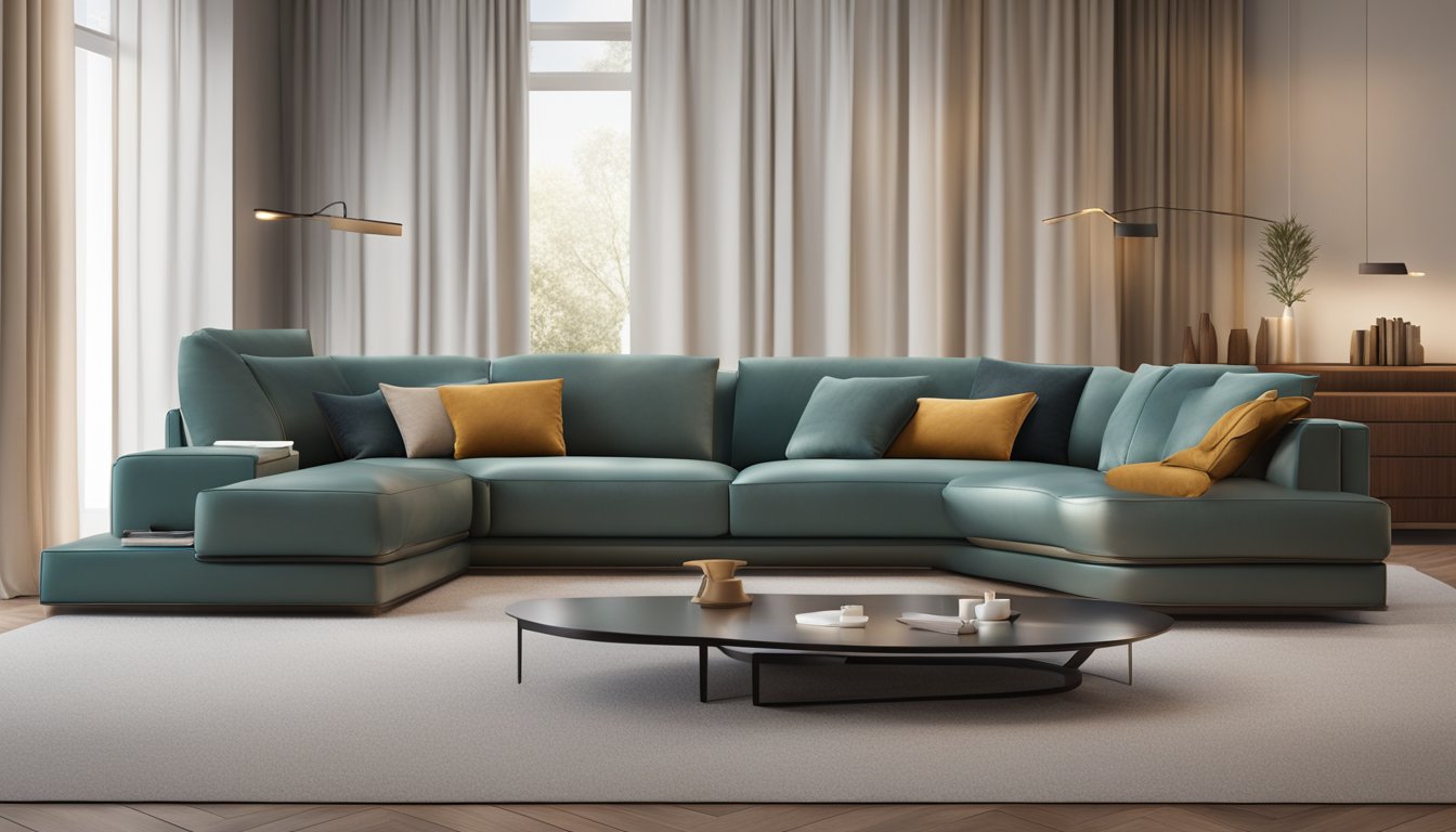 A sleek aniline leather sofa with plush cushions and elegant stitching, set against a backdrop of soft, ambient lighting and a modern, minimalist living space