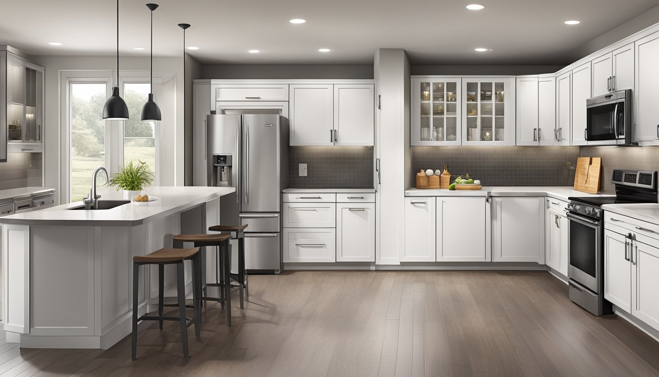 A spacious kitchen with ample counter space and cabinets. A double door fridge fits seamlessly into the designated area, leaving room for easy access and a streamlined look