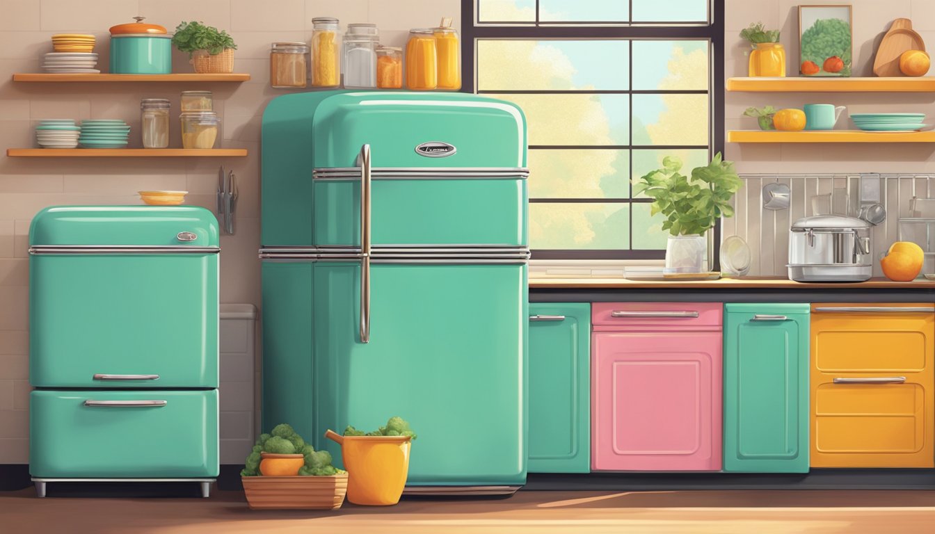 A retro style fridge sits in a cozy kitchen, adorned with bright colors and chrome accents