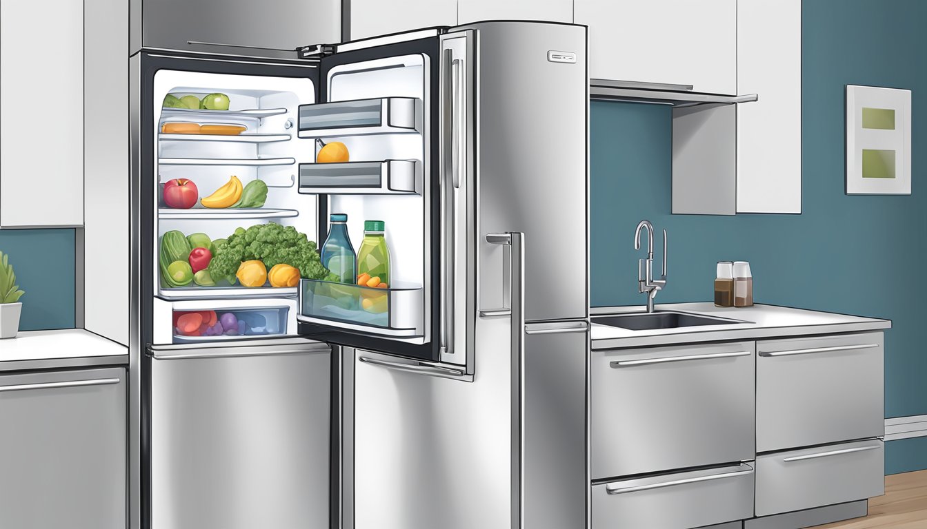A hand reaches for the sleek handle of a double door fridge, showcasing its enhanced functionality and modern style