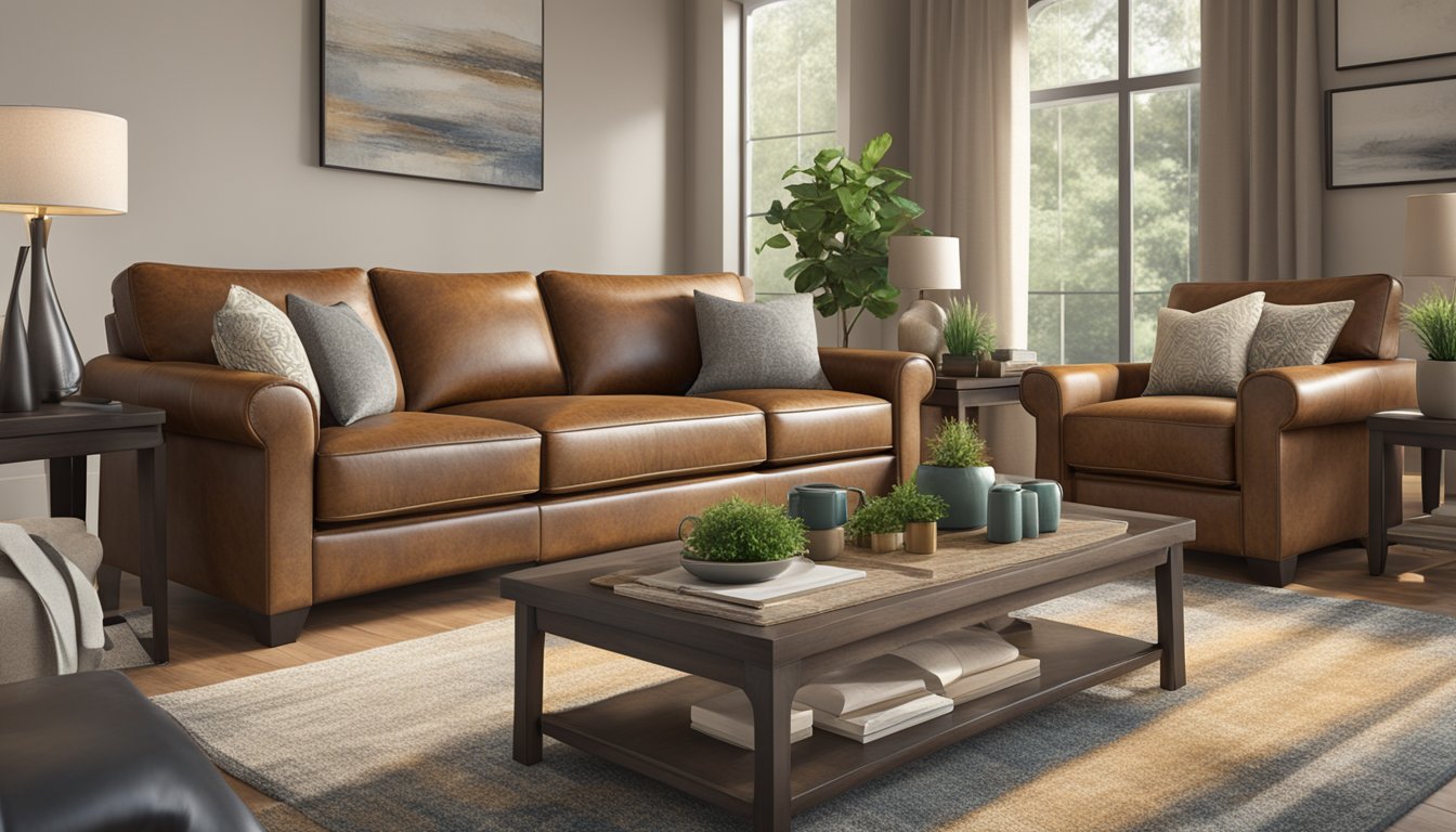 Aniline leather sofa with "Frequently Asked Questions" label, surrounded by a cozy living room setting