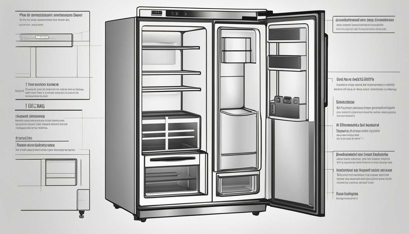 A double door fridge stands open, with dimensions labeled. FAQ sheet nearby