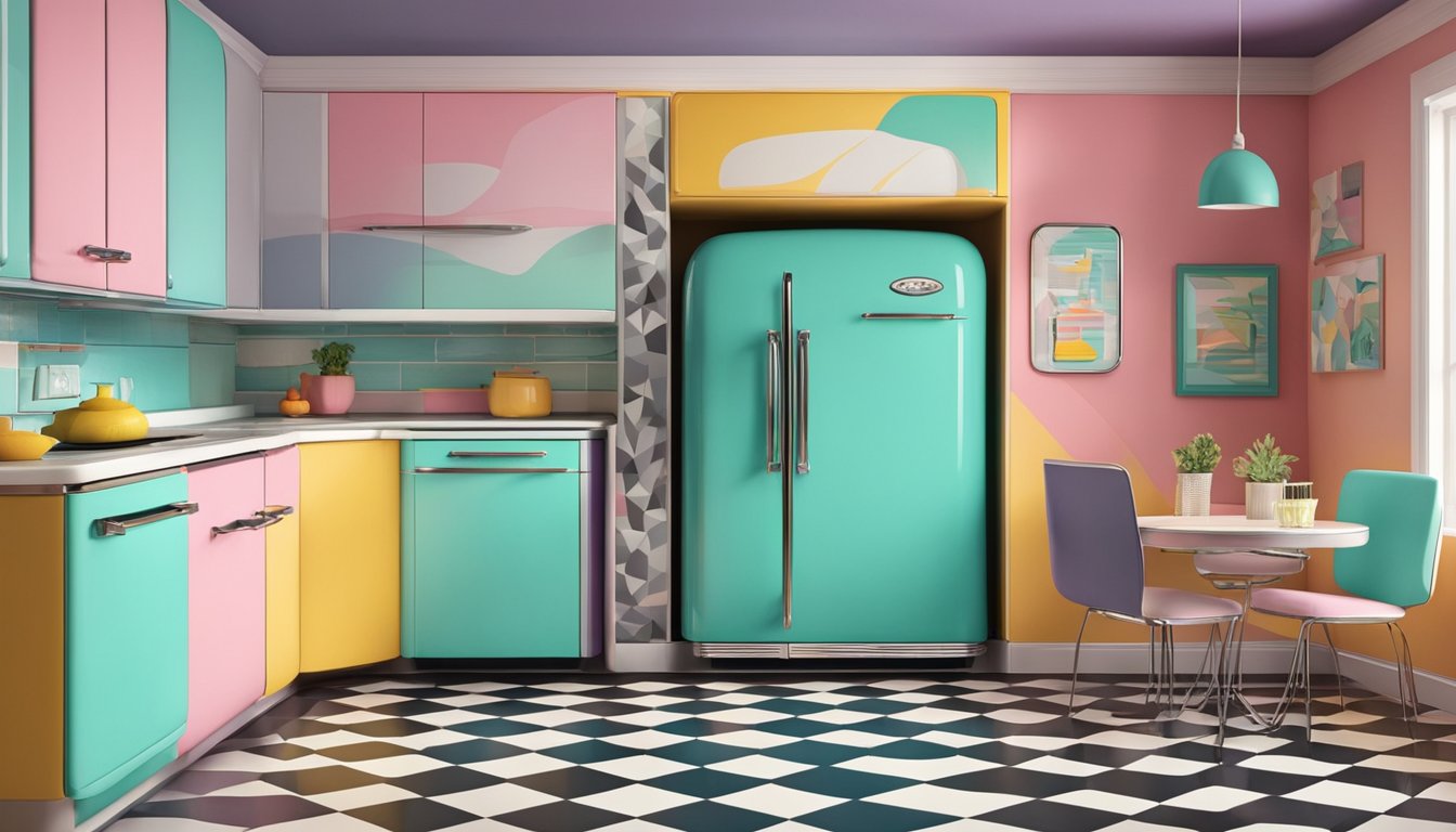 A retro style fridge stands in a colorful kitchen, adorned with bold geometric patterns and chrome accents. The rounded edges and vibrant colors capture the essence of 1950s design