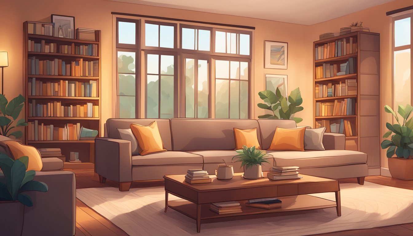 A cozy living room with a large sofa, coffee table, and bookshelves. Soft lighting and warm colors create a welcoming atmosphere