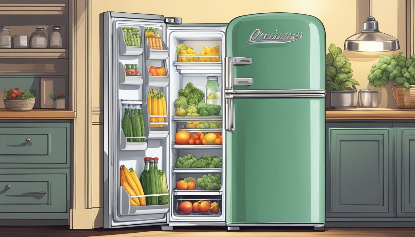 A retro-style fridge hums quietly, its chrome exterior gleaming under soft lighting. The door opens smoothly, revealing neatly organized shelves of fresh produce and chilled beverages