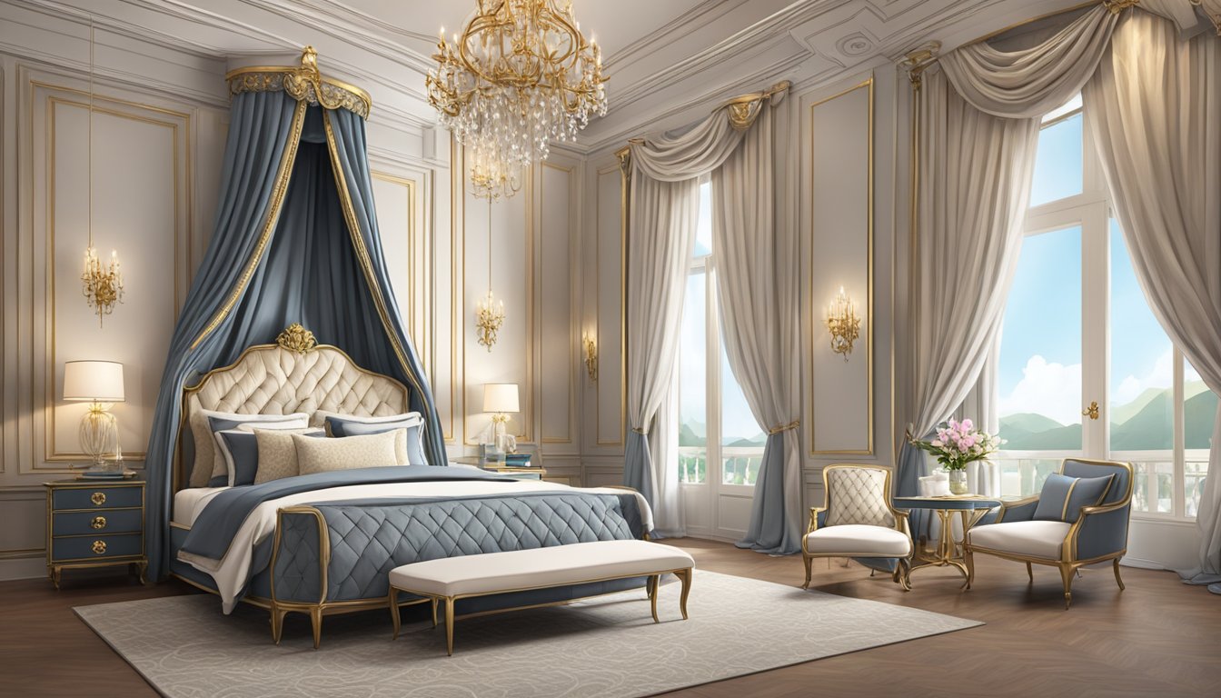 A regal bedroom with a grand king-size bed fit for a queen, adorned with luxurious linens and elegant drapery