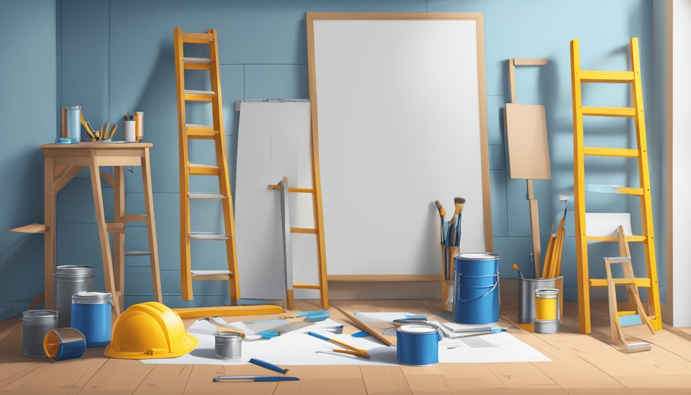 A room with measuring tape, blueprints, and a hammer on a table. A ladder leans against a wall, and paint cans sit nearby