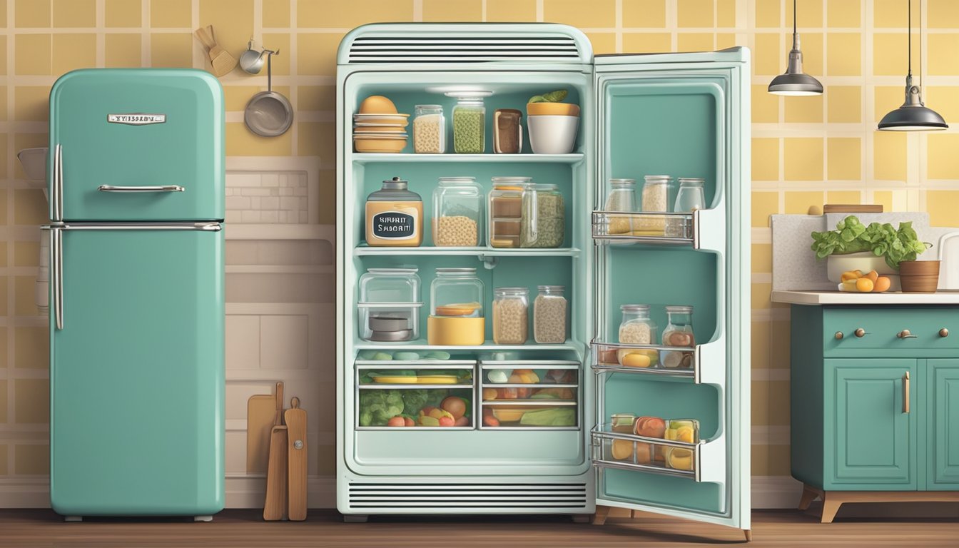 A retro-style fridge with "Frequently Asked Questions" written on the door, surrounded by vintage kitchen items