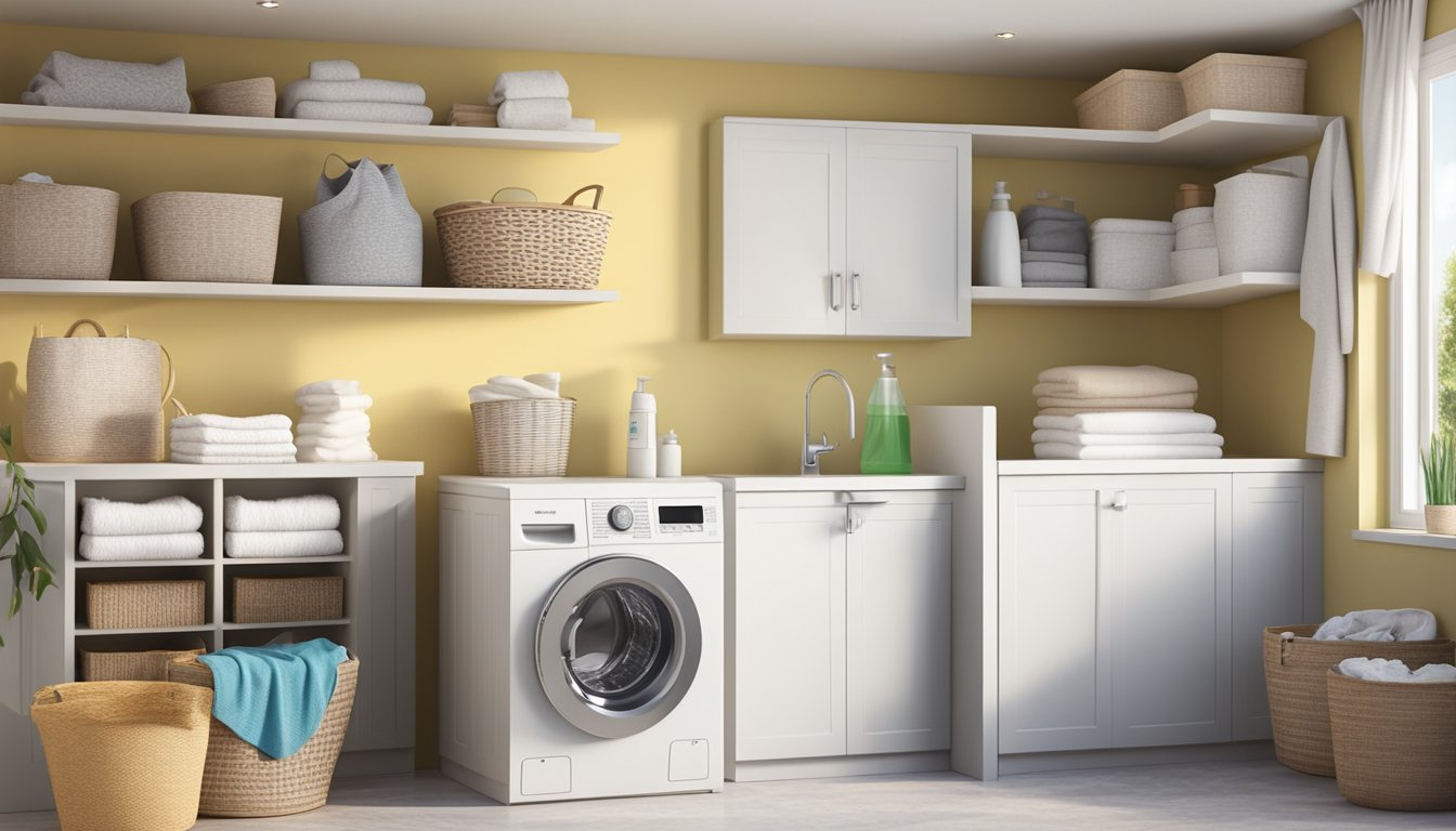 A washing machine sits in a bright, clean laundry room, surrounded by baskets of clothes and detergent bottles. The machine's door is open, ready for someone to load it with dirty laundry