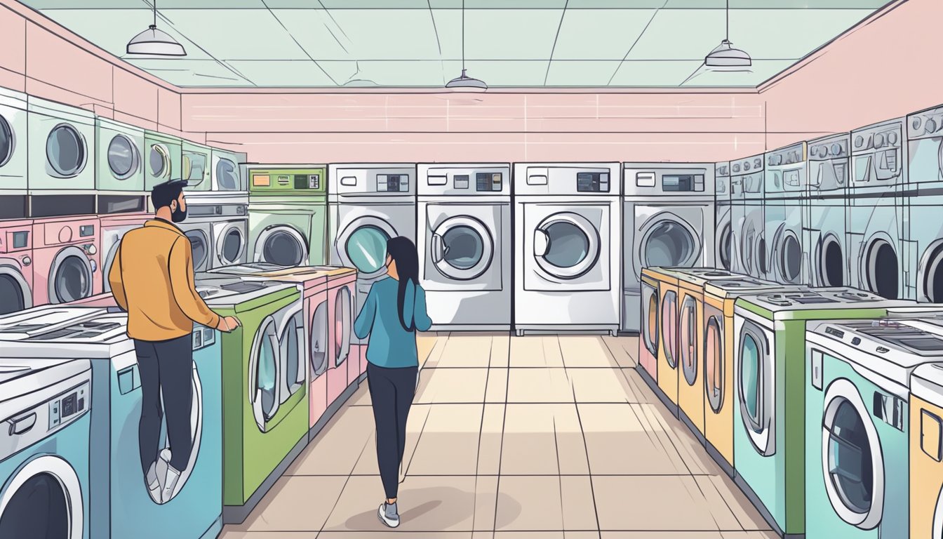 A customer carefully compares different washing machines at a store, looking for the perfect one. Rows of shiny appliances line the aisles, while the customer studies the features and sizes