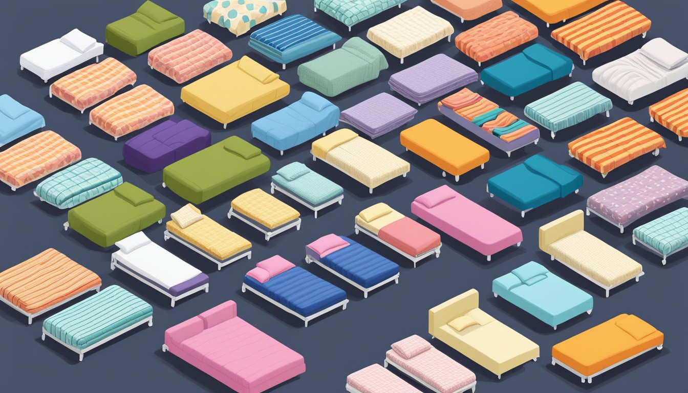A colorful display of various mattresses and beds at a sale in Singapore. Signs advertise discounts and special offers