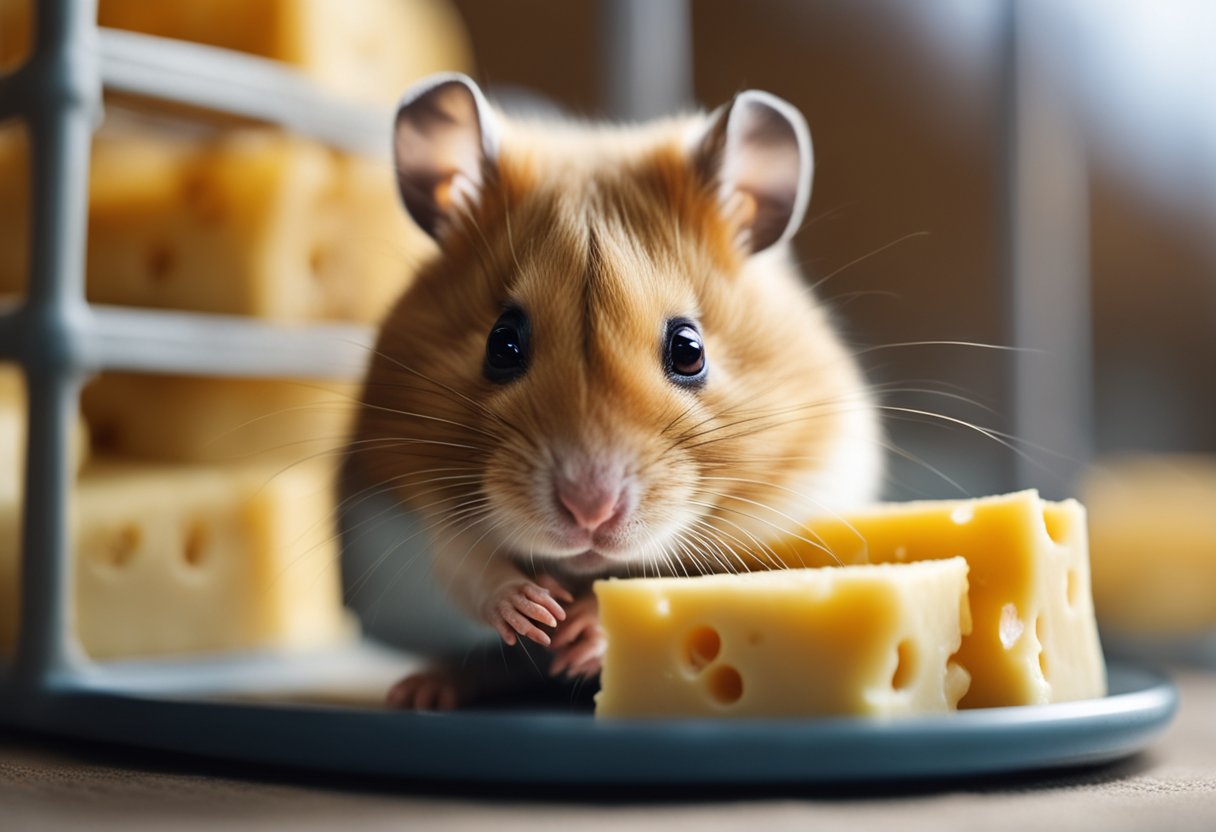 A hamster nibbles on a piece of cheese in its cage