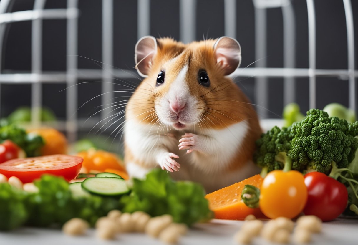 A hamster sits in its cage, surrounded by a variety of fresh vegetables, seeds, and pellets. A small piece of cheese is offered, but the hamster ignores it