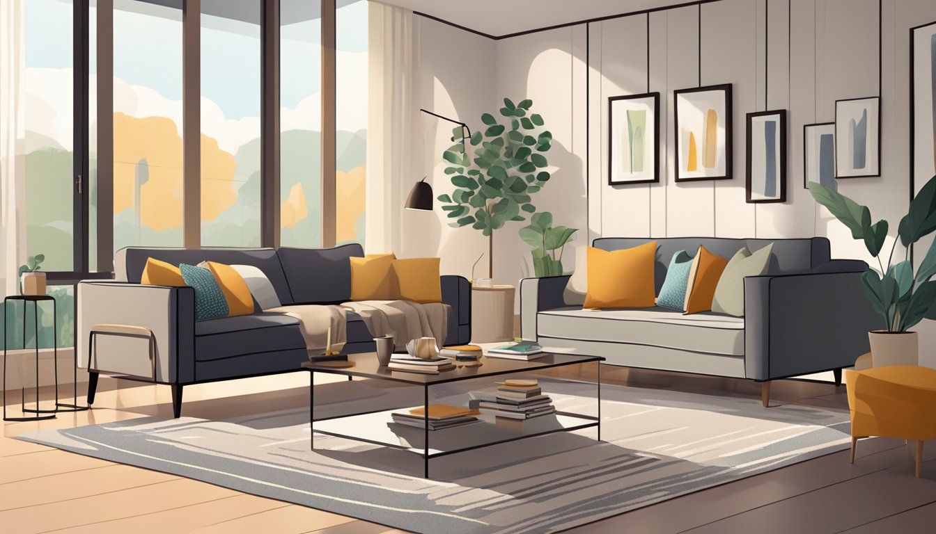 A cozy living room with a modern sofa, coffee table, and floor lamp. A rug and decorative pillows add warmth to the space