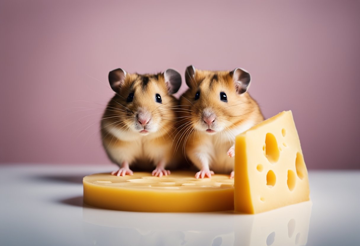 Hamsters nibble on cheese beside a wheel