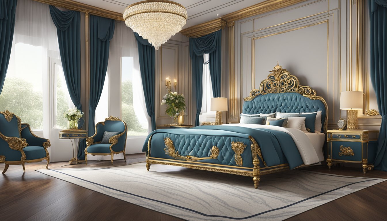 A regal bed with a crown-adorned headboard, flanked by ornate nightstands, and draped in luxurious fabrics