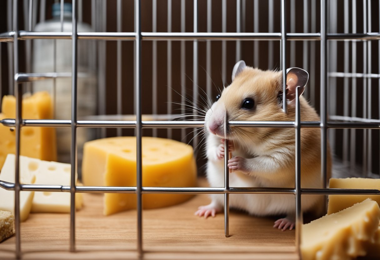 A hamster sits in its cage, nibbling on a small piece of cheese. Surrounding the cage are various types of hamster food and a water bottle