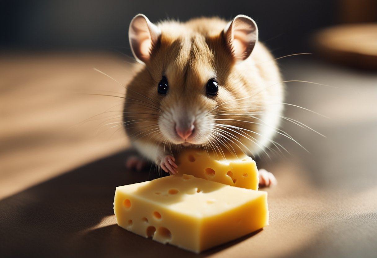 A hamster sitting in front of a small piece of cheese, sniffing and nibbling on it