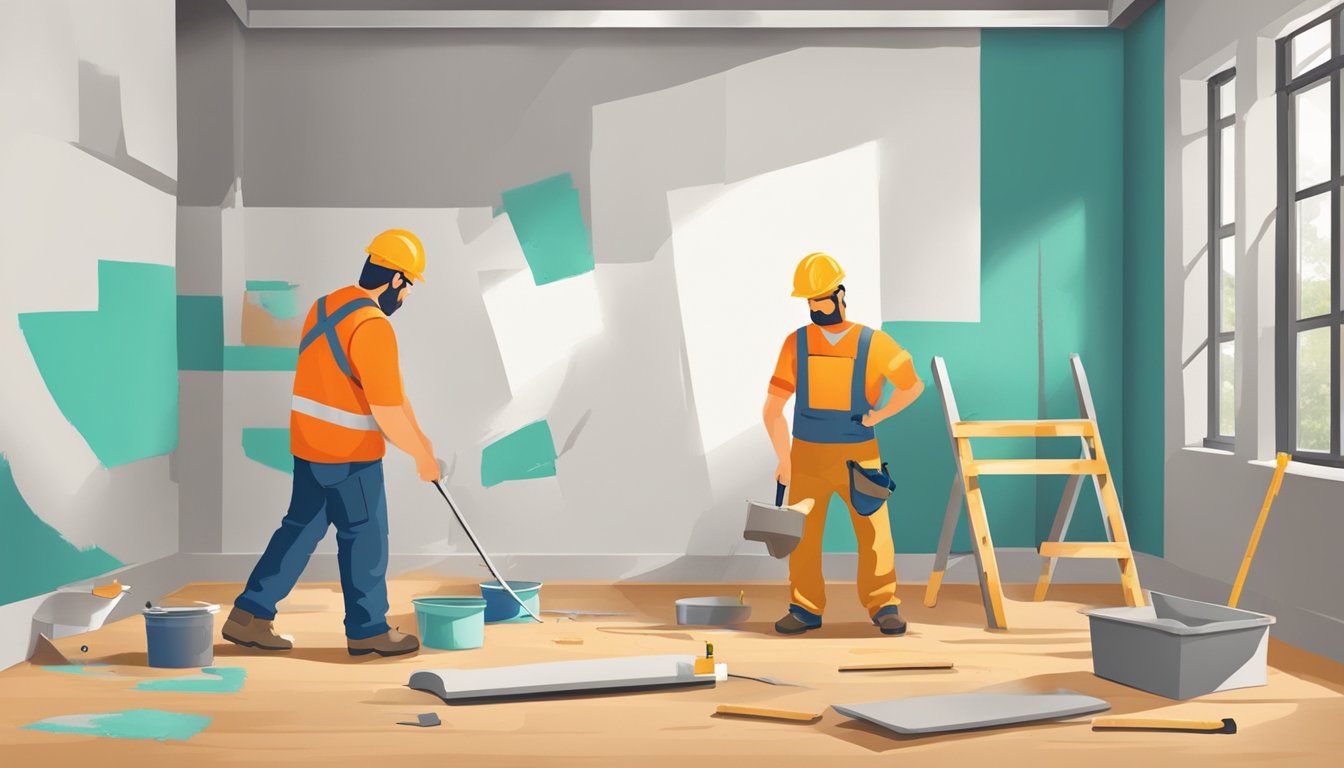 A construction worker applies paint to a wall, while another worker measures and cuts new flooring. Tools and materials are scattered around the room