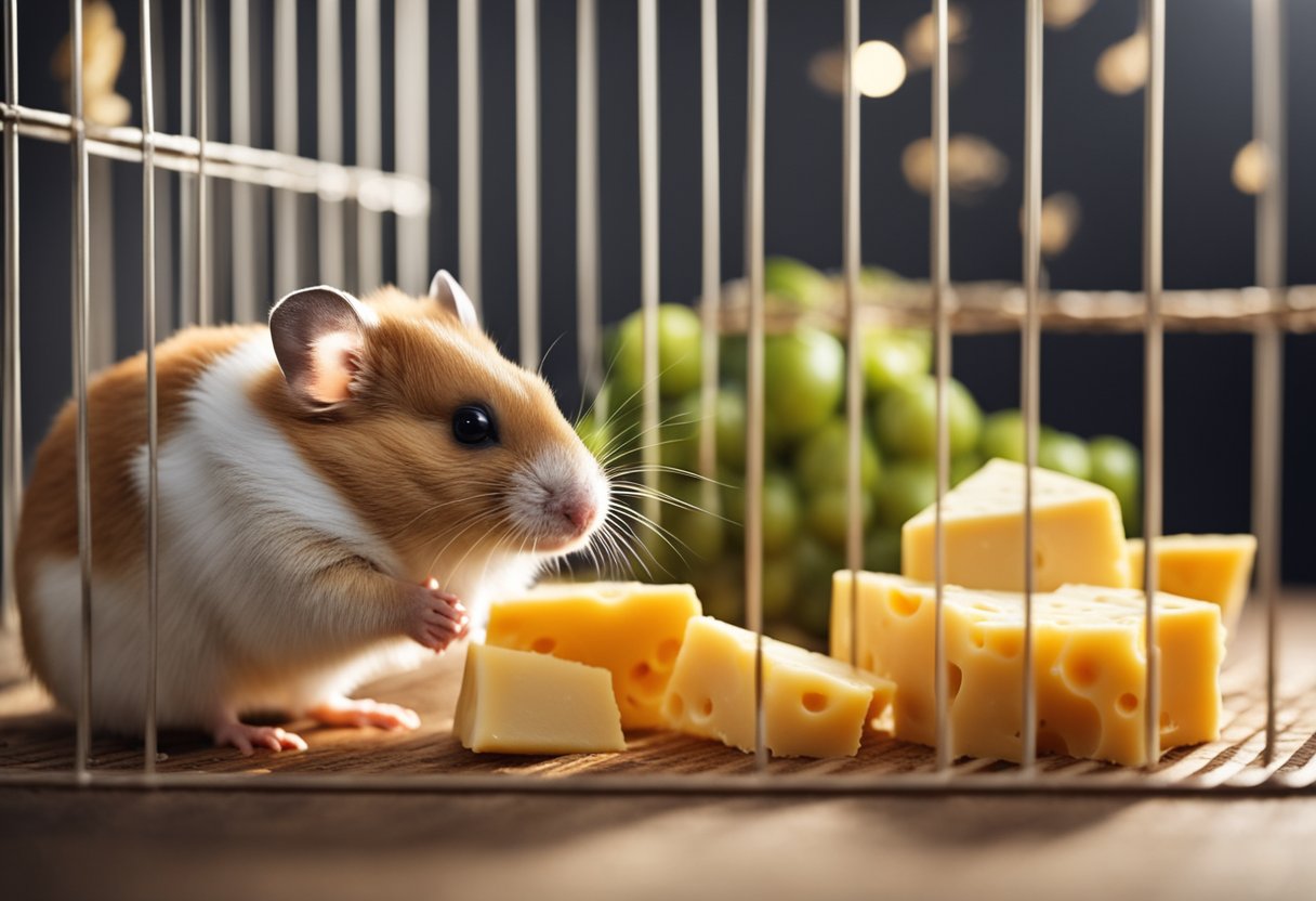 A hamster sits in its cage, surrounded by a variety of food. A small piece of cheese is placed in front of it, as it sniffs and nibbles at the snack