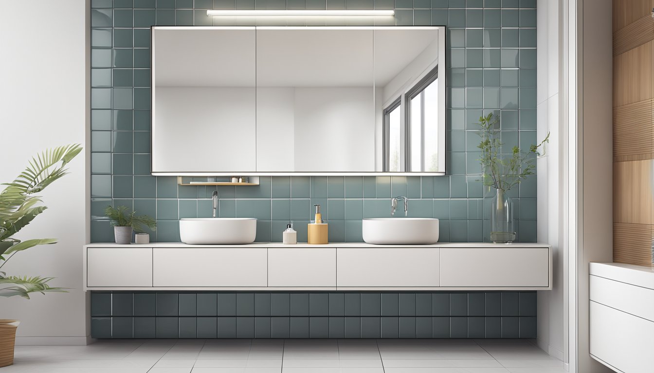 A clean, modern bathroom with white tiles, a glass shower door, and a sleek, minimalist sink and mirror