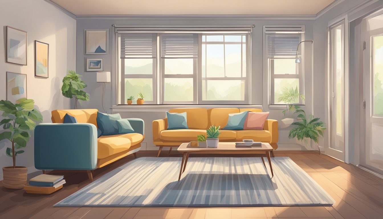 A compact, energy-efficient air conditioning unit mounted on a wall, surrounded by a cozy living room with a comfortable sofa and a small coffee table